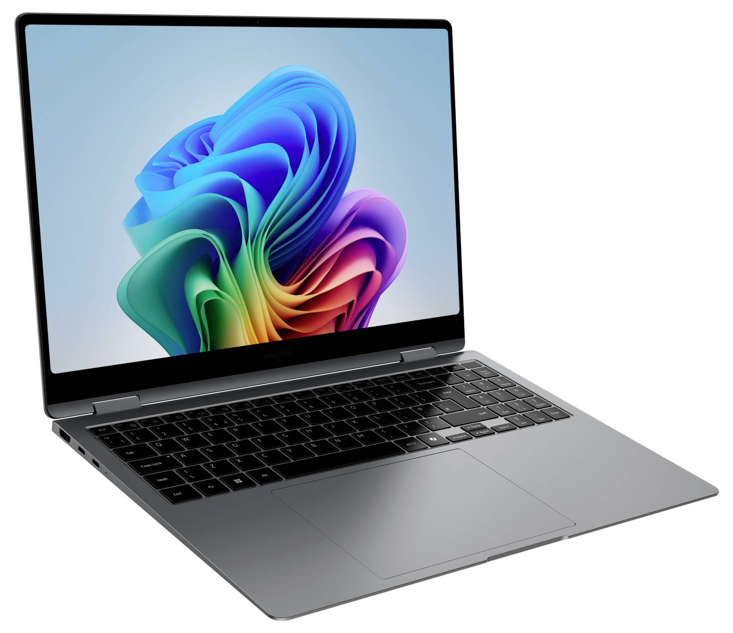 Ein schlanker, silberner Laptop ist geöffnet, auf dessen Bildschirm eine lebendige, abstrakte digitale Grafik zu sehen ist, die eine Mischung aus wirbelnden Blau-, Grün- und Rottönen zeigt.