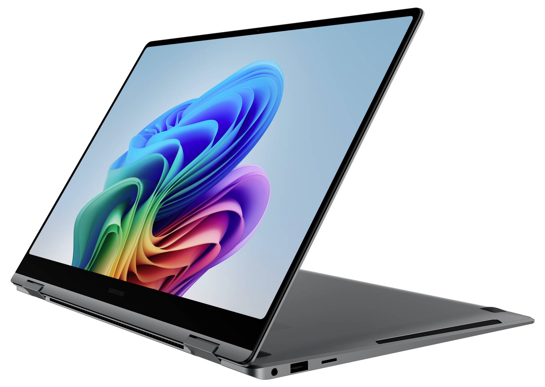 Ein schlankes, umwandelbares Laptop mit einem lebhaften abstrakten Design auf dem Bildschirm, das im Tablet-Modus vor einem neutralen Hintergrund gezeigt wird.