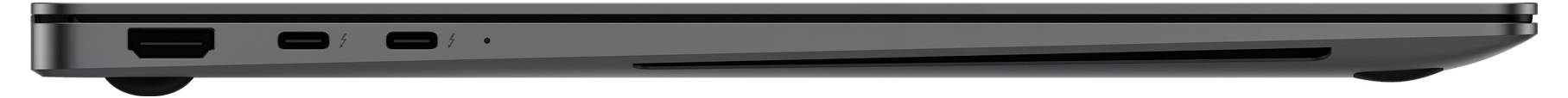 Geschlossener Laptop von der Seite betrachtet, zeigt Anschlüsse und ein schlankes Profil.
