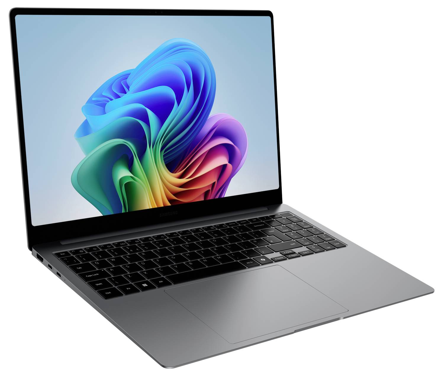 Ein schlankes Laptop mit einem lebendigen, abstrakten Hintergrund auf seinem Bildschirm, ausgestattet mit einer modernen Tastatur und silberner Oberfläche.