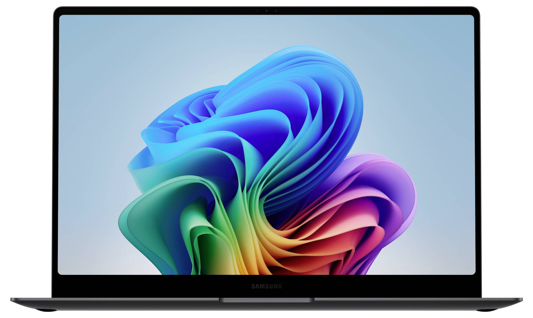 Ein Laptop, der eine abstrakte, farbenfrohe, wellenförmige digitale Grafik auf dem Bildschirm zeigt, vor einem hellblauen Hintergrund.