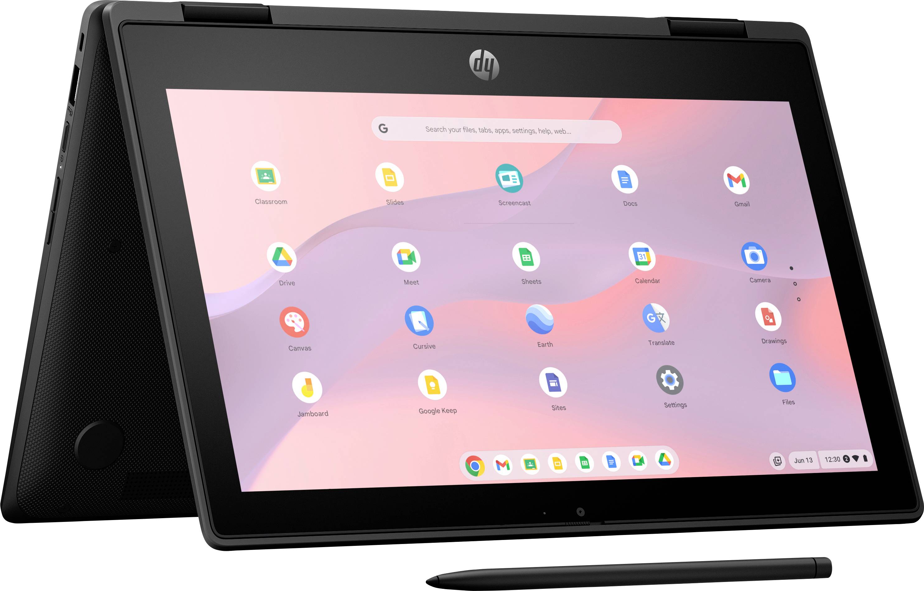 Ein schwarzes Convertible-Laptop, das einen bunten Startbildschirm mit verschiedenen App-Symbolen anzeigt. Ein Eingabestift liegt vor dem Gerät.