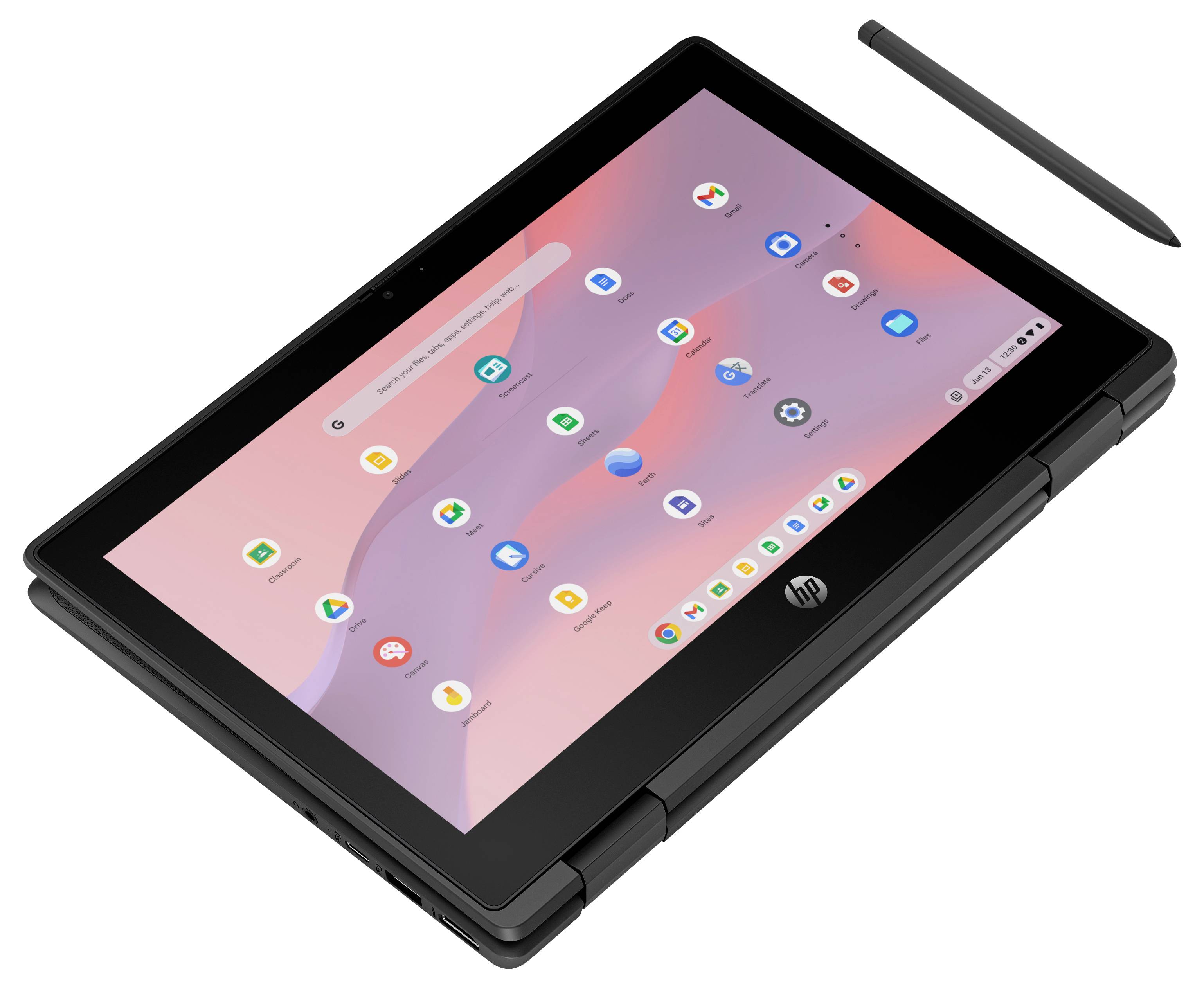 Eine schwarze Tablette mit einem Stylus, die einen rosa-thematischen Bildschirm mit verschiedenen App-Symbolen und einer Suchleiste vor einem einfachen Hintergrund zeigt.