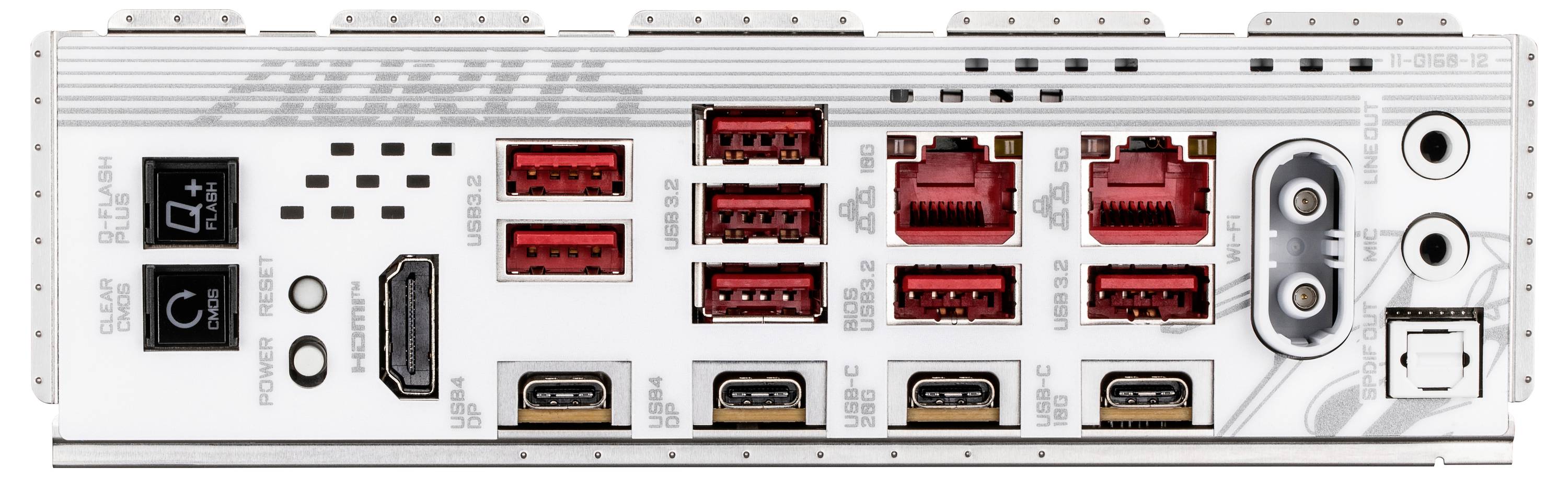 Rückseite eines Computermotherboards mit mehreren USB-Anschlüssen, Ethernet-Ports, HDMI, DisplayPort und Audioausgängen auf silbernem Hintergrund.