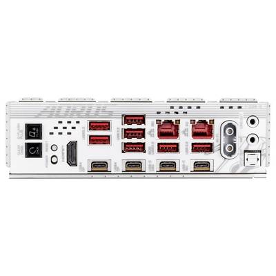 Rückseite eines Computermotherboards mit mehreren USB-Anschlüssen, Ethernet-Ports, HDMI, DisplayPort und Audioausgängen auf silbernem Hintergrund.