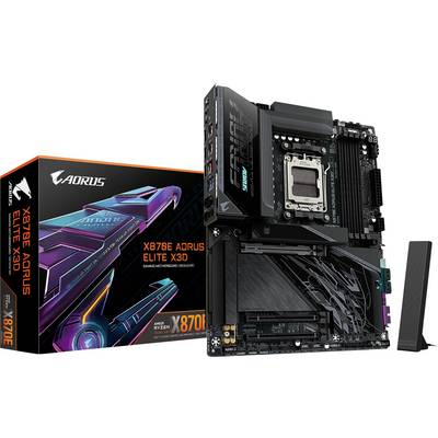 Mainboard und Verpackung. Text liest sich als 'X678E AORUS ELITE X3D', was Modell und Marke anzeigt. Sockel und Erweiterungssteckplätze sind sichtbar.