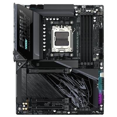 Motherboard 'Gigabyte X670E AORUS ELITE AX' mit AMD-Prozessorsockel, PCIe- und DDR-Steckplätzen sowie verschiedenen Anschlüssen.