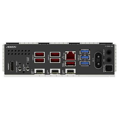 Rückseite eines Mainboards mit verschiedenen Anschlüssen: sechs USB-Anschlüsse, Ethernet, HDMI, SPDIF, WLAN-Antennenanschlüsse und Audioausgänge.