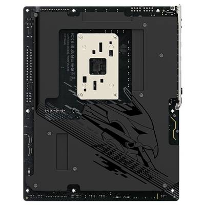 Eine Computerplatine aus der Rückansicht, mit einer stilisierten Vogel-Grafik und einem zentralen Ausschnitt für einen Prozessor.