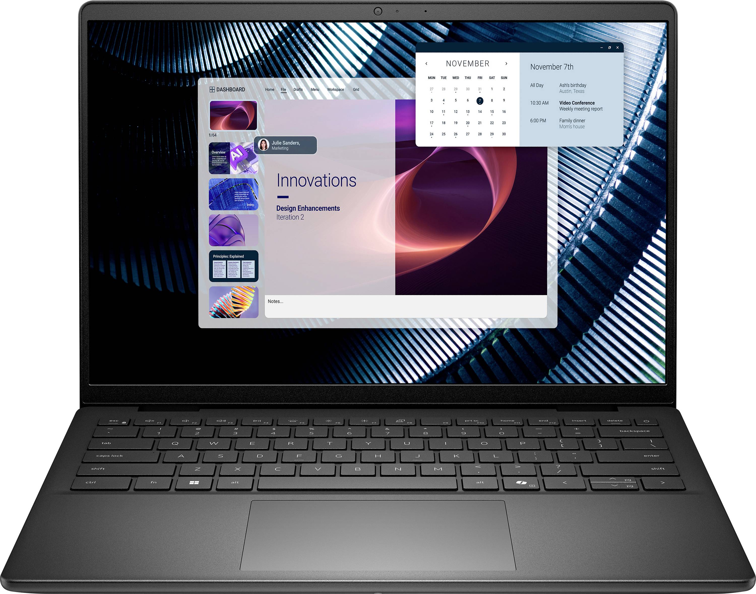 Ein Laptop-Bildschirm zeigt eine Präsentationsfolie mit dem Titel "Innovationen" neben einem digitalen Kalender, der den 7. November anzeigt.