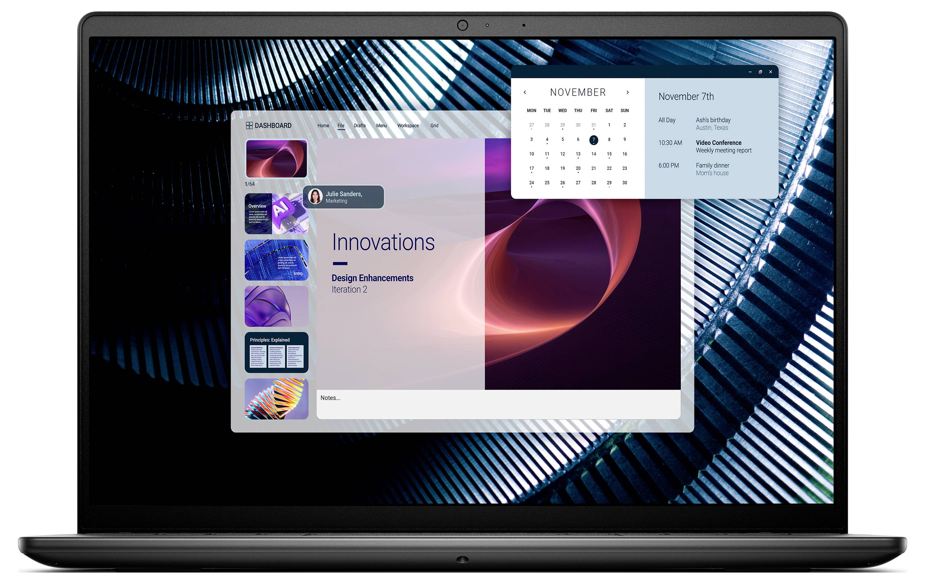 Ein Laptop zeigt einen Bildschirm mit einer digitalen Präsentation mit dem Titel „Innovationen: Design-Verbesserungen Version 2" und einen Kalender, der den 7. November anzeigt.