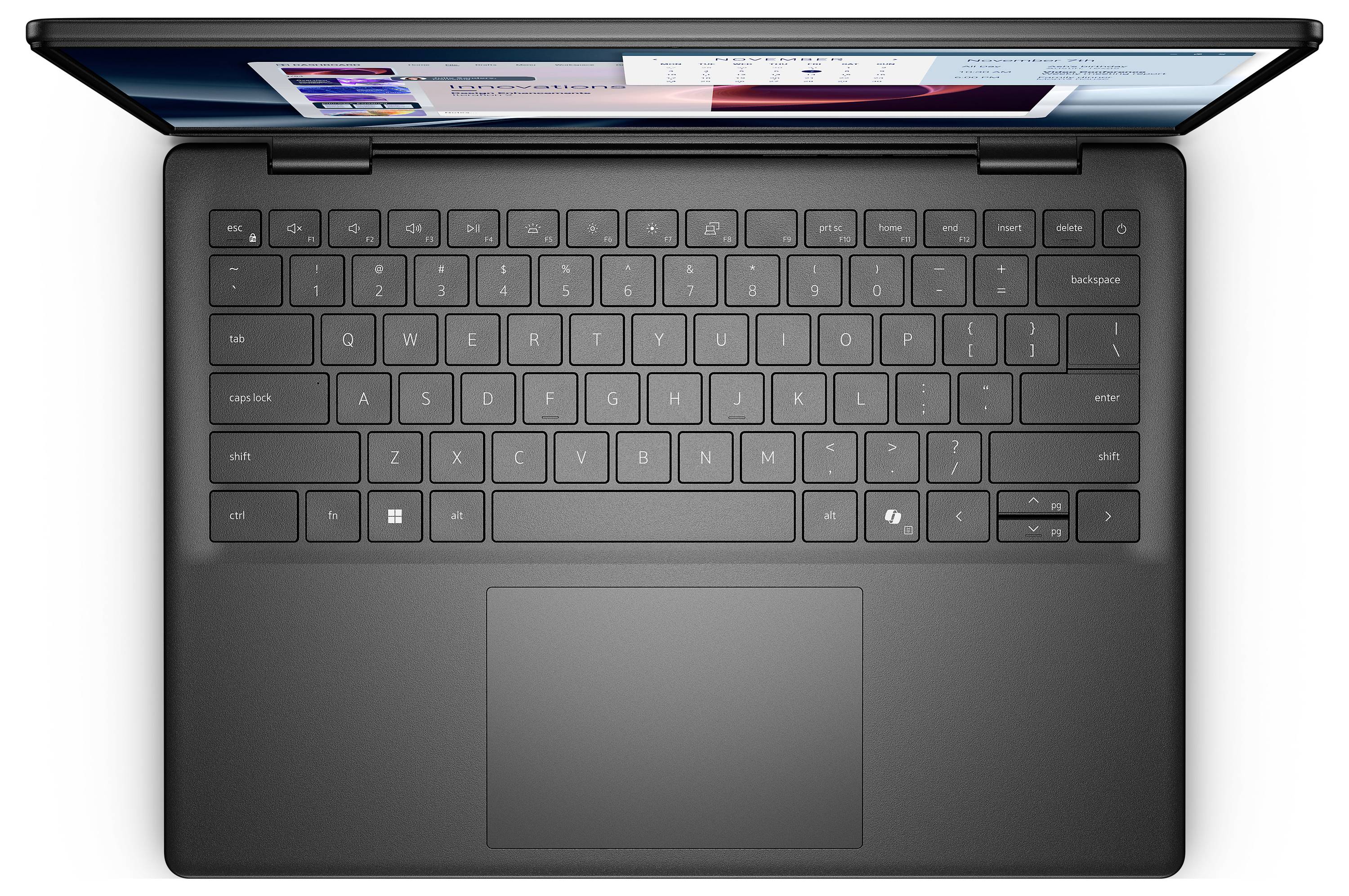 Ein Laptop von oben betrachtet, mit einer vollständigen Tastatur und einem Touchpad. Der Bildschirm zeigt eine geöffnete Anwendung mit Text und Bildern.