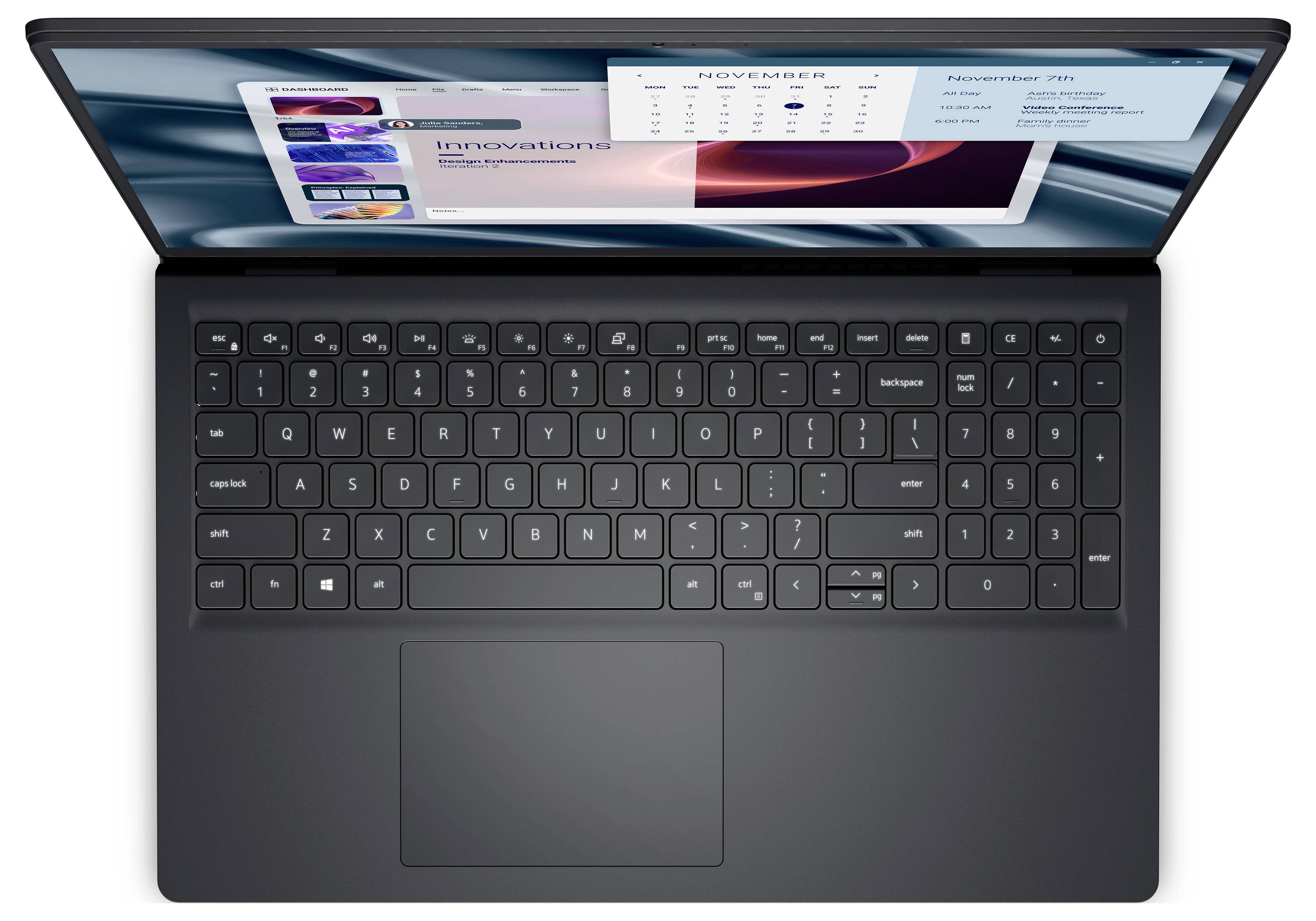 Ein schwarzer Laptop mit sichtbarer Tastatur, auf dessen Bildschirm ein Kalender für November und eine Beschriftung "Präsentation 75%" zu sehen sind.