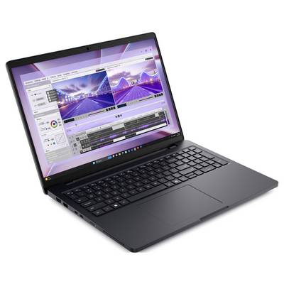 Ein schlankes schwarzes Laptop mit einem Bildbearbeitungsprogramm auf dem Bildschirm, das Bildanpassungen und eine Bearbeitungszeitachse zeigt.