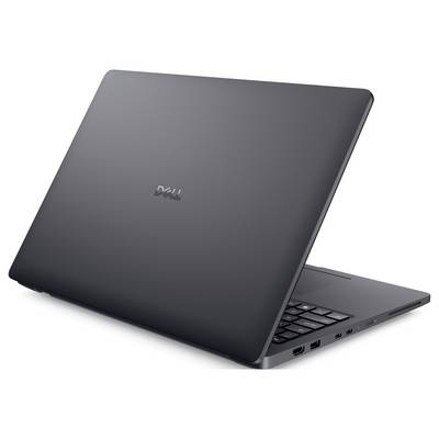 Ein geschlossener schwarzer Dell-Laptop, teilweise geöffnet, wobei Seitenanschlüsse und ein Teil der Tastatur zu sehen sind. Das Dell-Logo ist auf dem Deckel sichtbar.