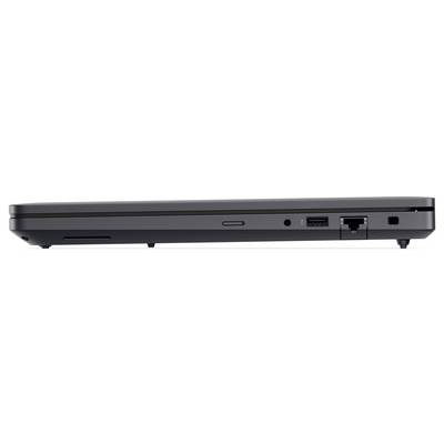 Ein geschlossener schwarzer Laptop, von der Seite betrachtet, mit verschiedenen Anschlüssen wie Ethernet, USB, HDMI und einem Powerknopf auf der rechten Seite.