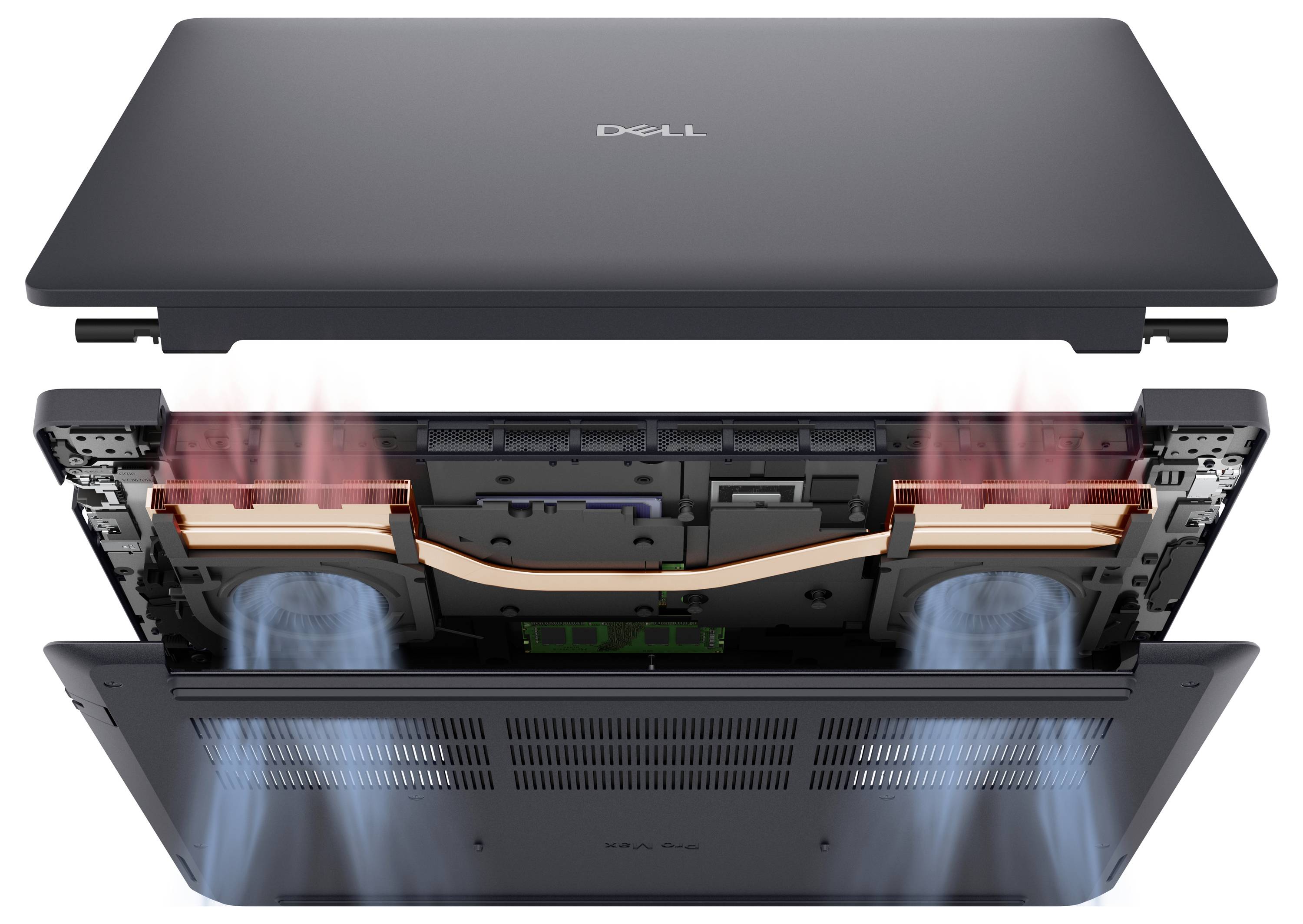 Laptop mit oben und unten entfernten Panels, der das interne Kühlsystem mit sichtbaren Heatpipes und Lüftern zeigt, die rote und blaue Strömungen emittieren.