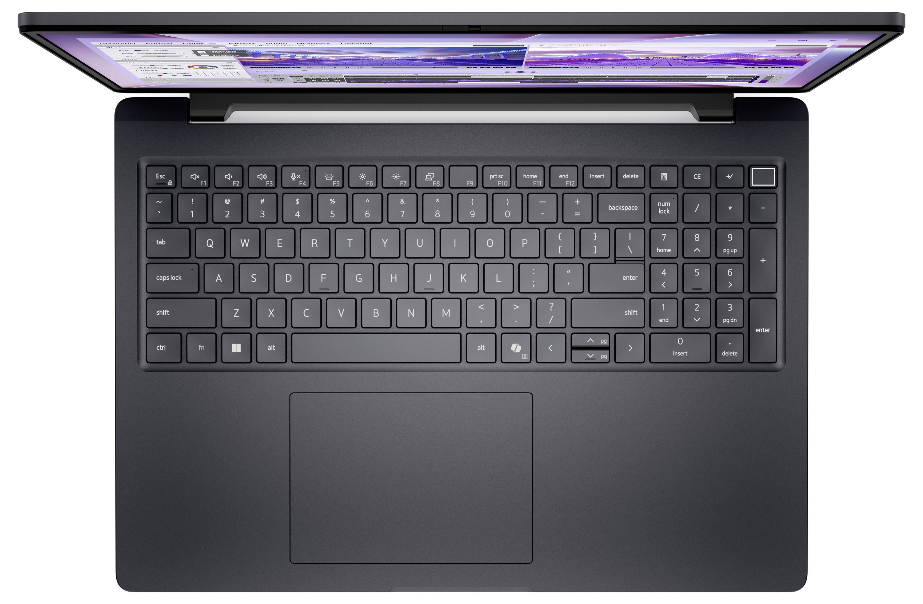 Ein Laptop mit einer schwarzen Tastatur und einem Touchpad. Der Bildschirm zeigt mehrere geöffnete Fenster auf einem bunten Hintergrund.