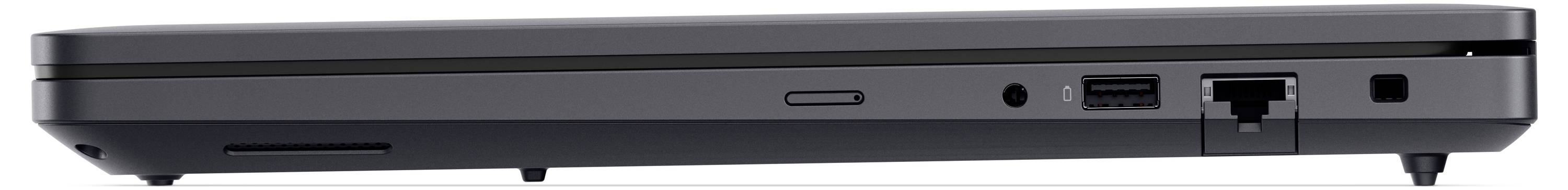 Seitenansicht eines geschlossenen schwarzen Laptops, der verschiedene Anschlüsse wie USB, HDMI und Ethernet auf weißem Hintergrund zeigt.