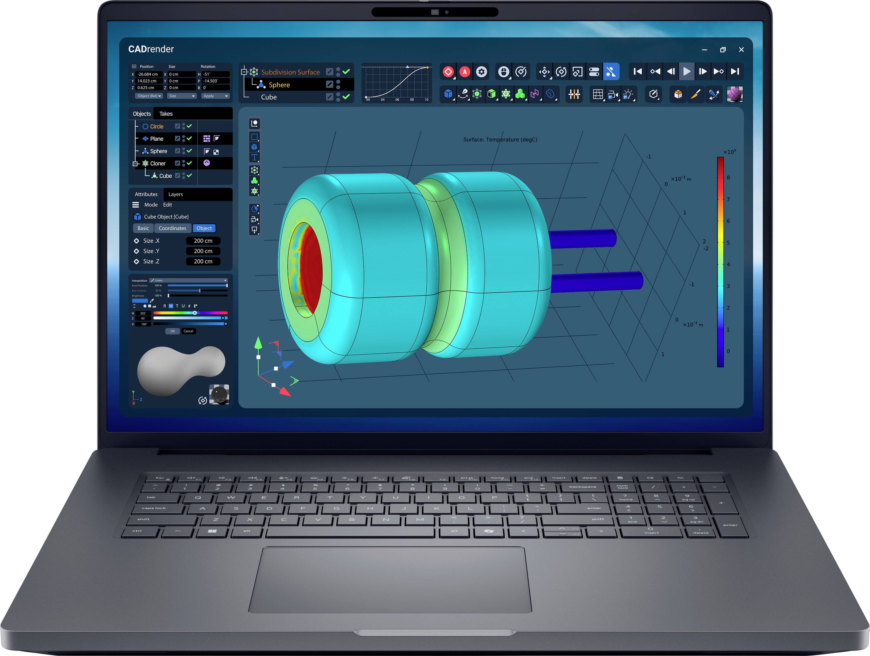 Ein Laptop, der 3D-Modellierungssoftware zeigt, mit einem Design aus zwei verbundenen blauen Zylinderschatten und einer Farbverlaufsskala, die Spannungsniveaus angibt.