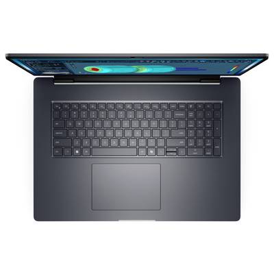 Laptop von oben geöffnet, mit hintergrundbeleuchteter Tastatur und Touchpad. Ein farbenfroher Bildschirm zeigt eine Datenvisualisierung mit Diagrammen.