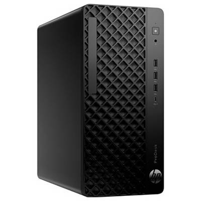 Ein schwarzer Computer-Tower mit einer strukturierten Frontplatte, ausgestattet mit einem Einschaltknopf, USB-Anschlüssen und dem HP-Logo.