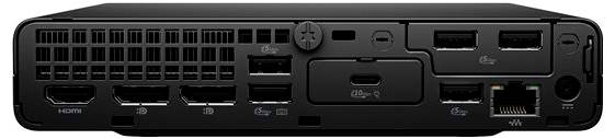 Rückansicht eines schwarzen Geräts mit mehreren Anschlüssen, darunter HDMI, USB, Ethernet und Stromstecker.