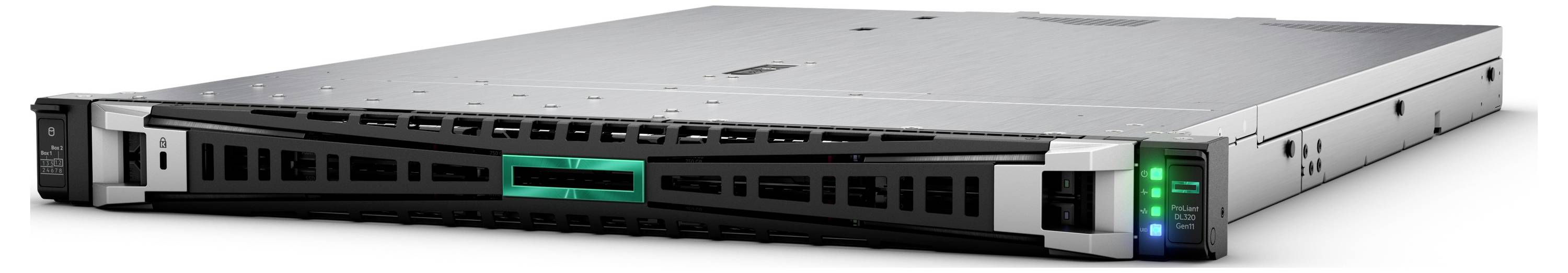 Eine schlanke, rechteckige Servereinheit mit metallischer Oberfläche, ausgestattet mit LED-Anzeigenlichtern auf dem Frontpanel, steht auf einer einfachen Oberfläche.