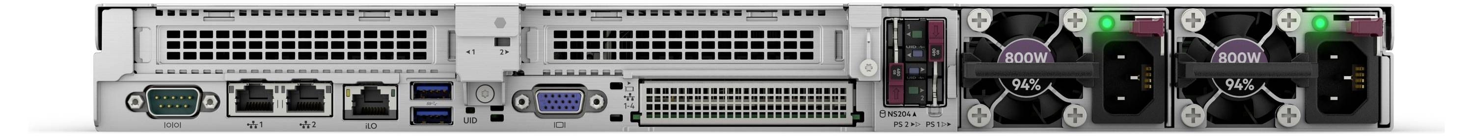 Rückansicht eines Servers mit Lüftungsgittern, mehreren Netzwerk- und USB-Anschlüssen, zwei Netzteilen und Kühlventilatoren.