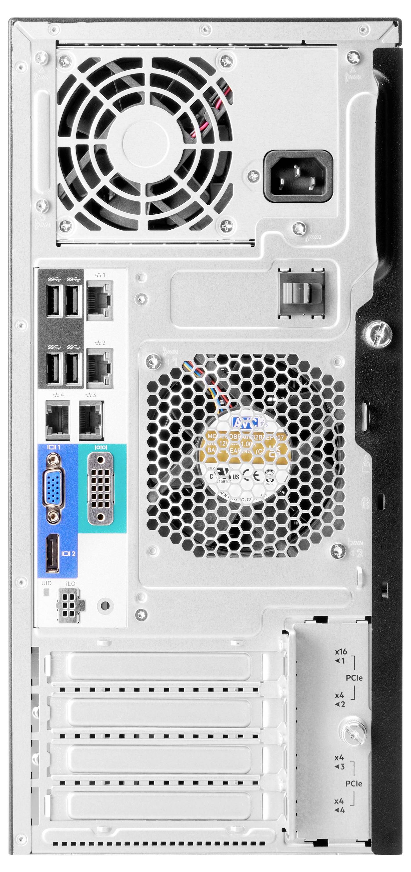 Rückansicht eines Computergehäuses mit Anschlüssen für USB, Ethernet, VGA und Netzteil, mit Kühlventilator und Erweiterungssteckplätzen.