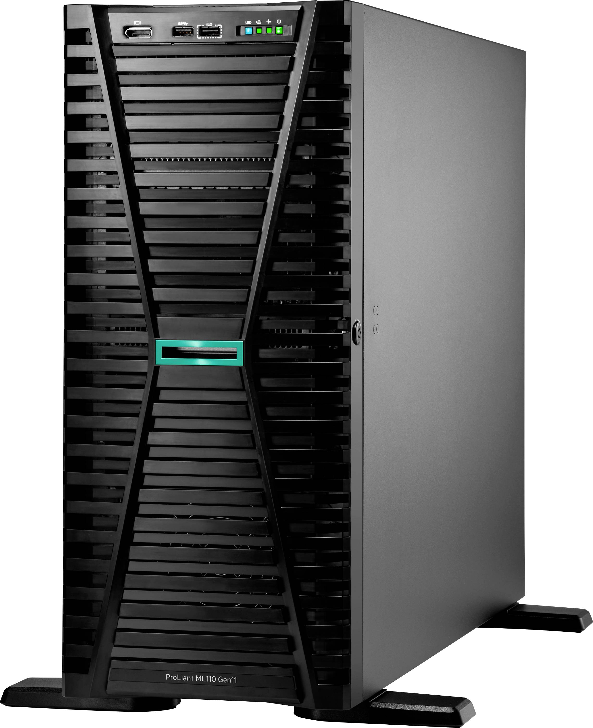 Ein großer, schwarzer Computer-Serverturm mit verschiedenen Anschlüssen und Lichtern, die auf dem Frontpanel sichtbar sind und seinen Betriebsstatus anzeigen.