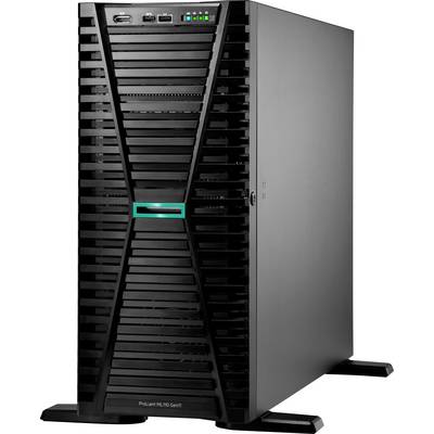 Ein großer, schwarzer Computer-Serverturm mit verschiedenen Anschlüssen und Lichtern, die auf dem Frontpanel sichtbar sind und seinen Betriebsstatus anzeigen.