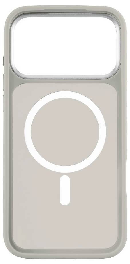 iPhone-Hülle mit MagSafe-Kompatibilität; graue Farbe; offene Kameraöffnung oben; kreisförmiges MagSafe-Design in der Mitte.
