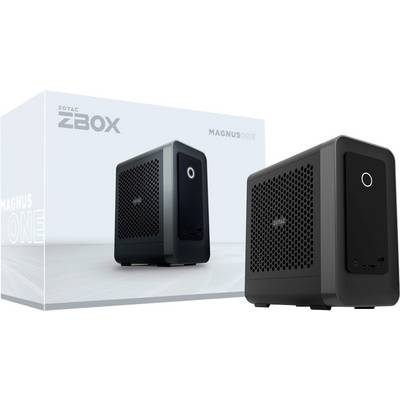 ZOTAC ZBOX Magnus One Mini-PC neben seiner Verpackung, wobei seine kompakte Größe und sein elegantes Design hervorgehoben werden.