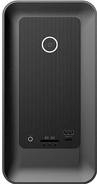 Computergehäuse von vorne, mit einem Powerknopf in der Mitte oben sowie USB-Anschlüssen und Kopfhörerbuchse im unteren Bereich.