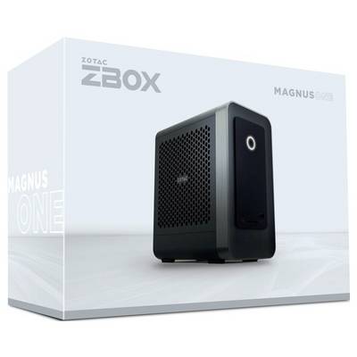Ein kompakter ZOTAC MAGNUS ONE Mini-PC mit Mesh-Design zur Belüftung, vor einem minimalistischen Hintergrund, der sein schlankes Design hervorhebt.