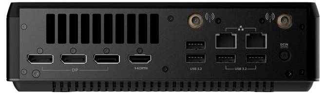 Rückansicht einer kleinen Computereinheit mit Anschlüssen: drei DisplayPort, ein HDMI, vier USB 3.3, zwei Ethernet und Stromeingang.