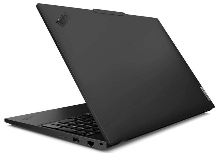 Ein schlankes schwarzes Laptop in einem leicht geöffneten Winkel, das einen Teil der Tastatur und die Anschlüsse zeigt, mit einem sichtbaren Lenovo-Logo auf dem Deckel.