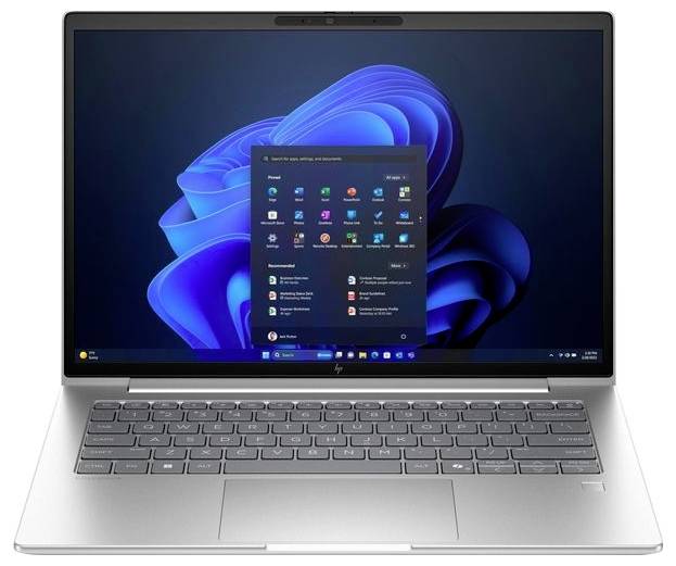 Ein silberner Laptop, der eine Windows-Betriebssystemoberfläche zeigt, mit dem Startmenü, das auf dem Bildschirm geöffnet ist und verschiedene Anwendungssymbole präsentiert.
