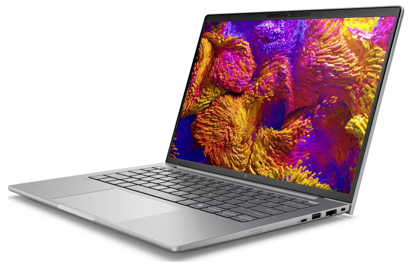 Ein schlankes silbernes Laptop, das ein lebendiges, abstraktes Kunstmuster auf dem Bildschirm zeigt, mit einer Mischung aus leuchtend rosa, orange und violetten Farbtönen.