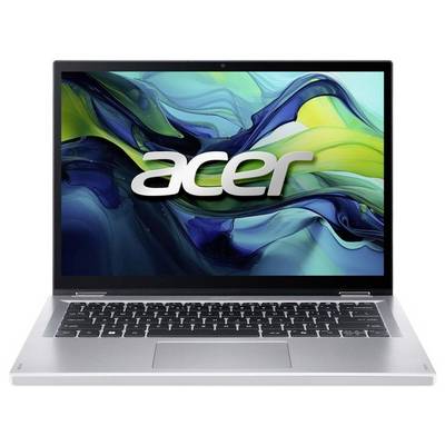 Ein silberner Laptop mit einem bunten abstrakten Design auf dem Bildschirm und dem prominent in der Mitte angezeigten Wort "Acer".
