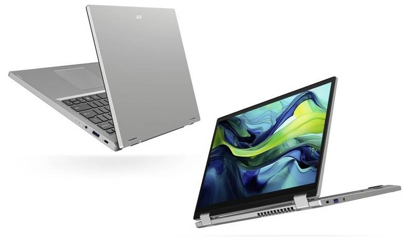 Zwei silberne Laptops, einer geschlossen und einer geöffnet, die einen lebendigen Bildschirm mit blauem und grünem abstraktem Design präsentieren. Beide haben sichtbare Anschlüsse.