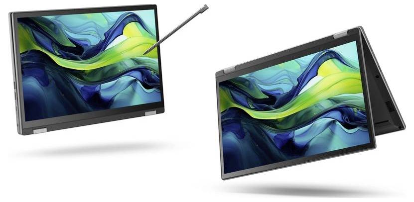 Zwei Convertible-Laptops in Zelt- und Tablet-Modus, die lebendige abstrakte Displays mit blauen und grünen Wellen zeigen. Ein Stylus liegt daneben.