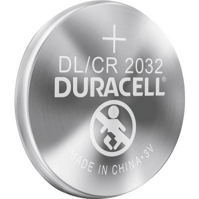 Duracell-Knopfzellenbatterie mit der Bezeichnung 'DL/CR 2032, 3V', 'Hergestellt in China', mit einem Warnzeichen gegen Verschlucken durch Kinder.