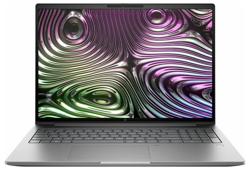 Ein silberner Laptop, der ein abstraktes Muster mit wirbelnden lila-, grün- und silberfarbenen Texturen auf dem Bildschirm zeigt.