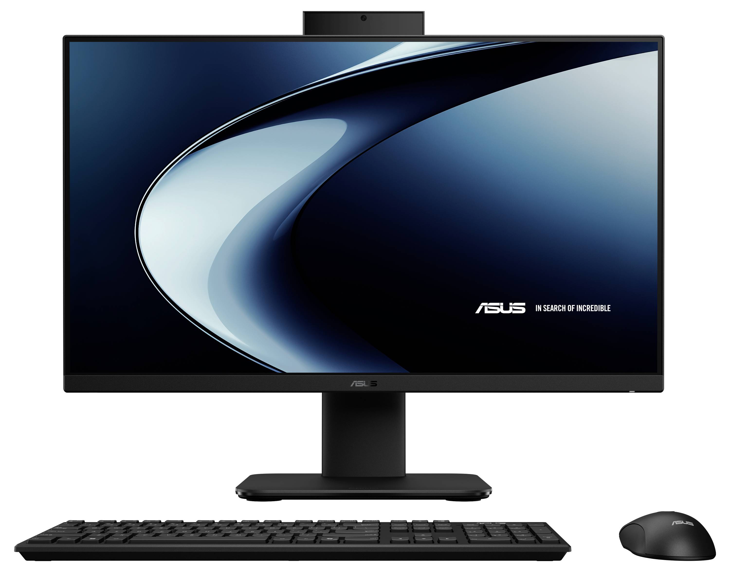 Ein schlanker Desktop-Computer mit einem Monitor, der das Asus-Logo und den Slogan „Auf der Suche nach dem Unglaublichen" zeigt, zusammen mit einer Tastatur und einer Maus.