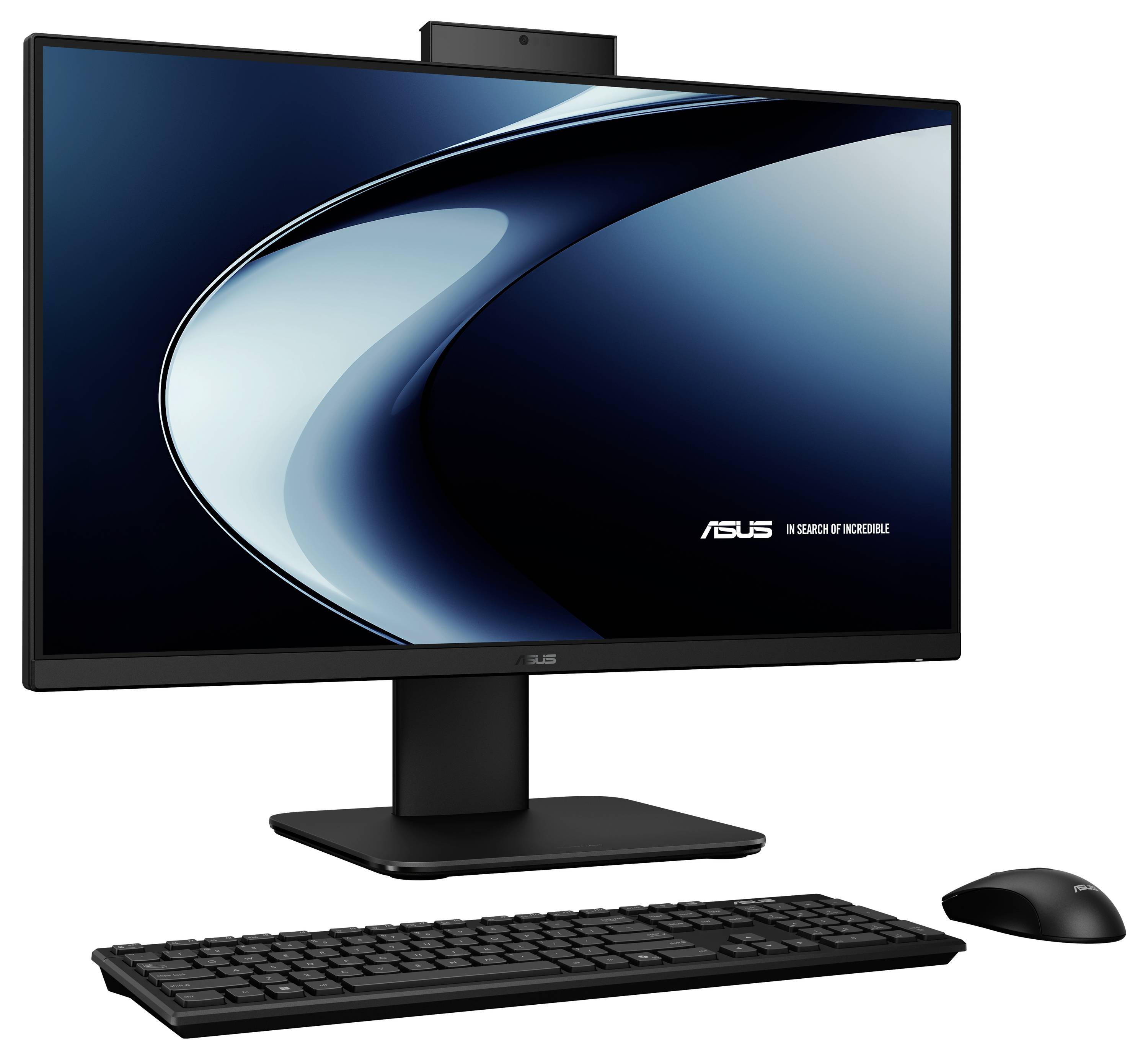 Eine elegante All-in-One-Desktop-Computer-Konfiguration mit einem großen Monitor, Tastatur und Maus. Der Bildschirm zeigt das Logo „ASUS auf der Suche nach Unglaublichem".