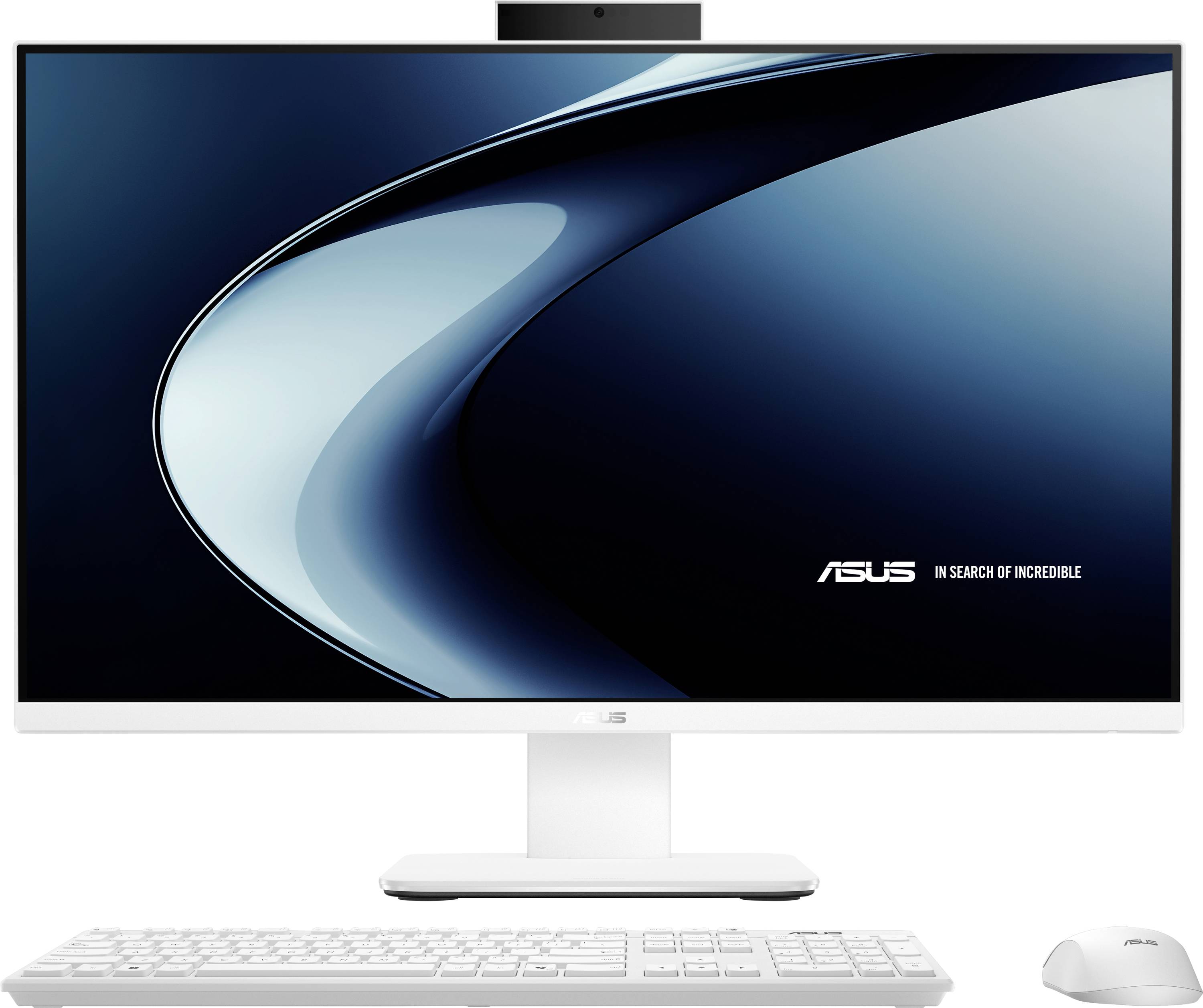 Ein schlanker, moderner All-in-One-Computer mit einem Breitbildmonitor, Tastatur und Maus, auf dem das Asus-Logo und der Slogan ‚Auf der Suche nach dem Unglaublichen' zu sehen sind.