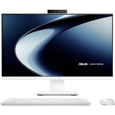Ein schlanker, moderner All-in-One-Computer mit einem Breitbildmonitor, Tastatur und Maus, auf dem das Asus-Logo und der Slogan ‚Auf der Suche nach dem Unglaublichen' zu sehen sind.