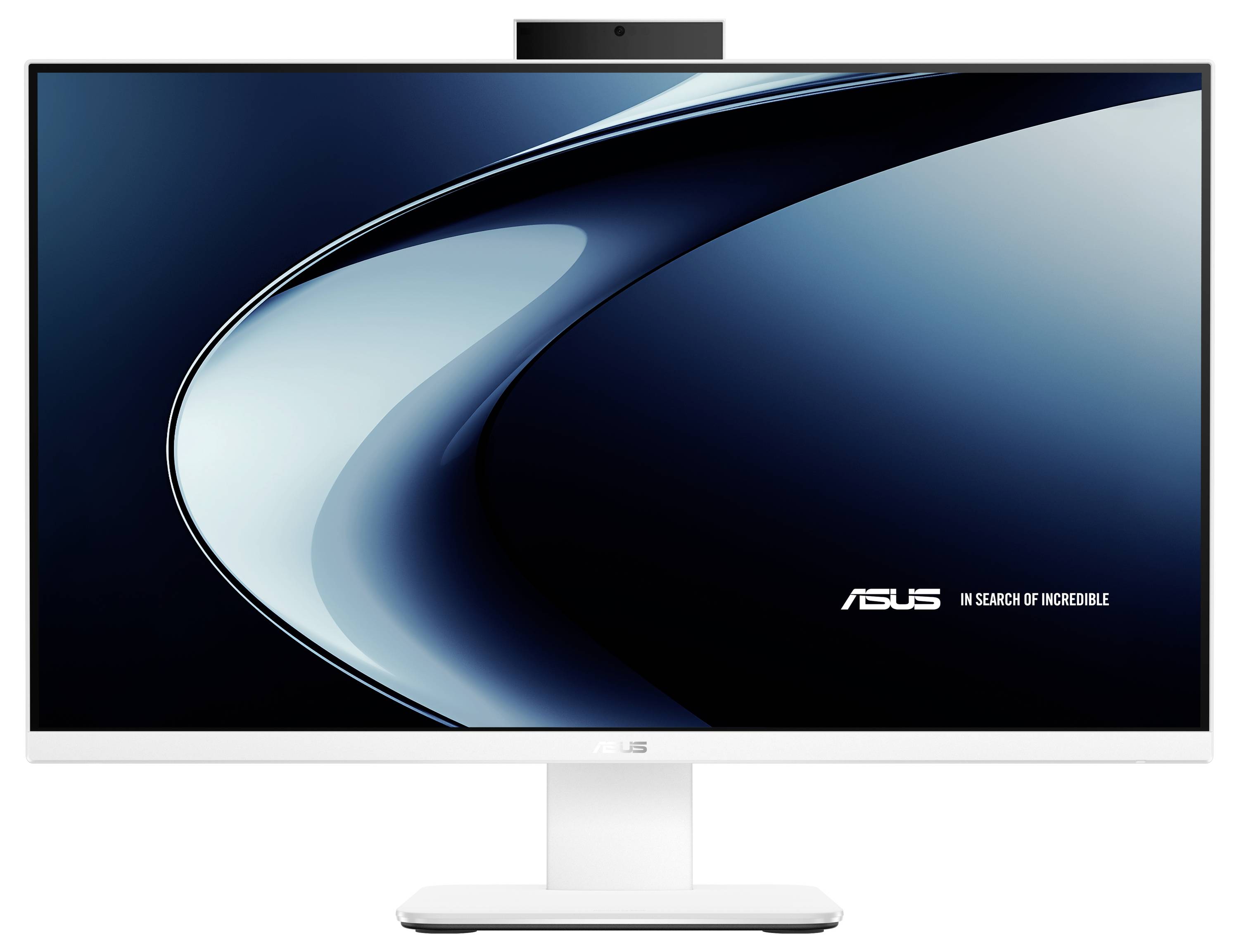 Ein schlanker ASUS-Monitor mit dünnem Rahmen und einer eleganten geschwungenen Linienführung auf dem Bildschirm. Das ASUS-Logo und der Slogan „Auf der Suche nach dem Unglaublichen" sind unten rechts sichtbar.